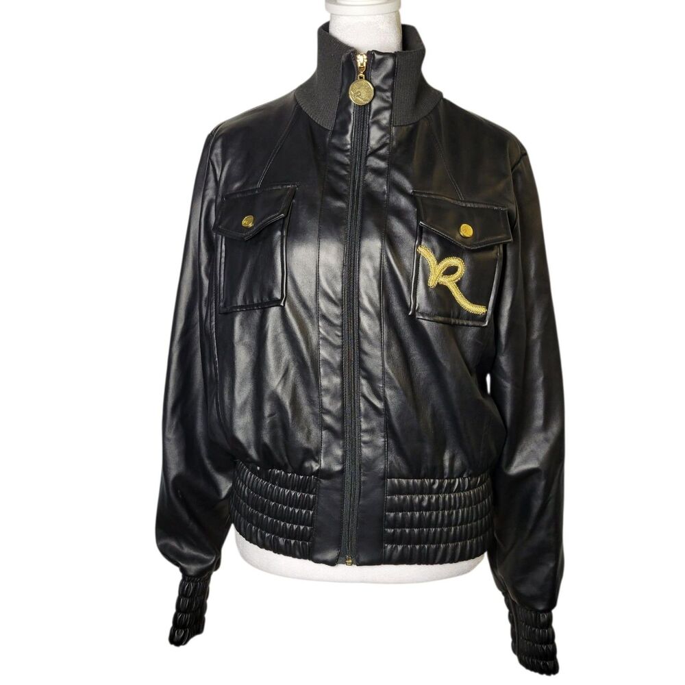 Vtg Rocawear Faux Leather Bomber Jacket Womens M Y2K Hip Hop Cyber Goth Moto